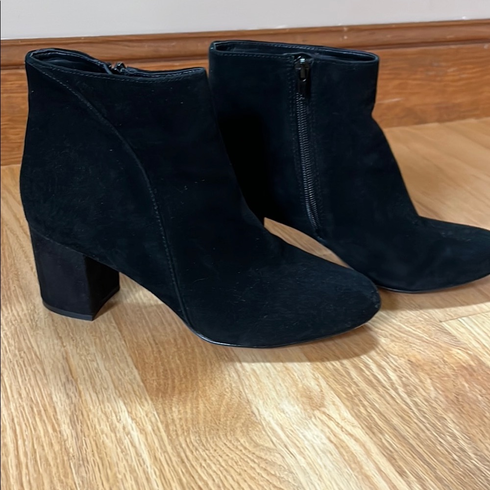 INC International Concepts Suede Black Ankle Booties with Chunky Heel